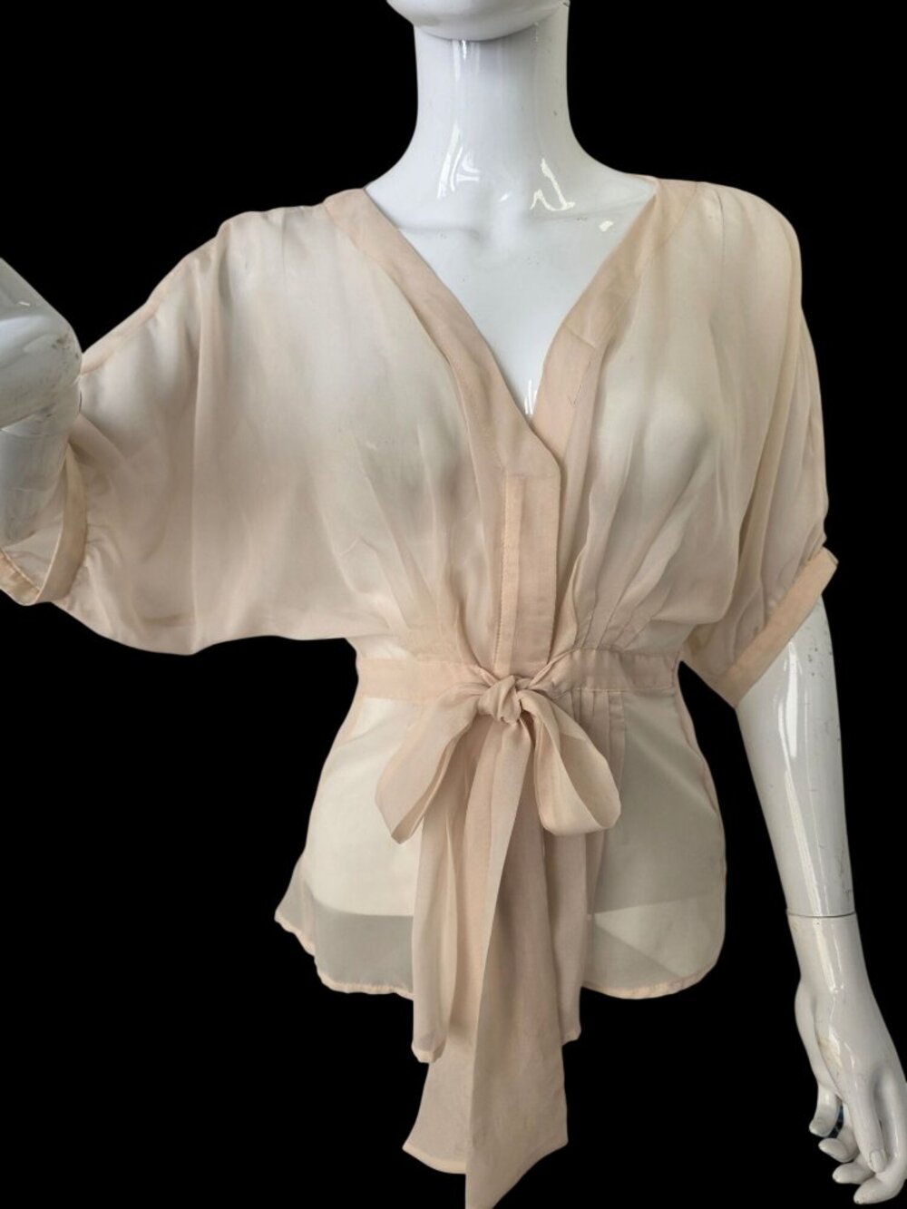 Vintage Y2K Forever 21 Sheer Blush Pleated Tie Front Blouse M Draped Batwing Slv